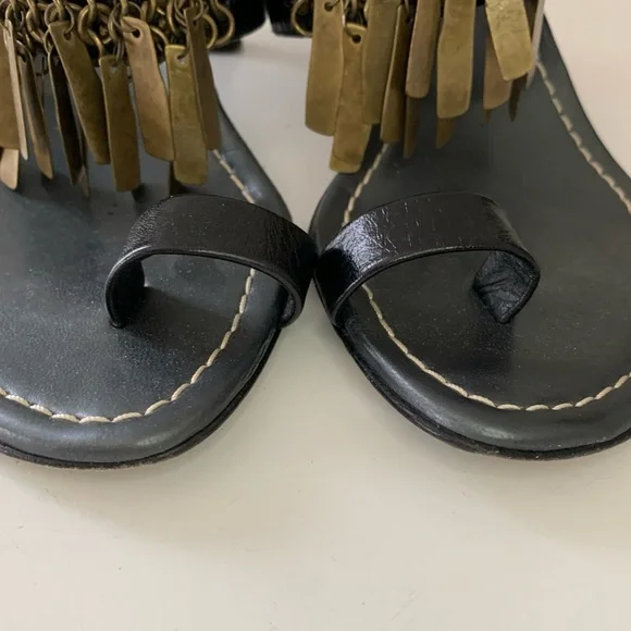 Stuart Weitzman Heeled Toe Ring Sandals with Bronze Metal Fringe, US W6 - Picture 5 of 12